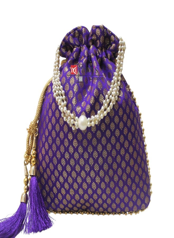 MILAN'S CREATION Brocade Potli Bag Purse With Pearl Handle Tassel Women’s Handbag Giveaways Festival (Magenta Purple) - Image 2